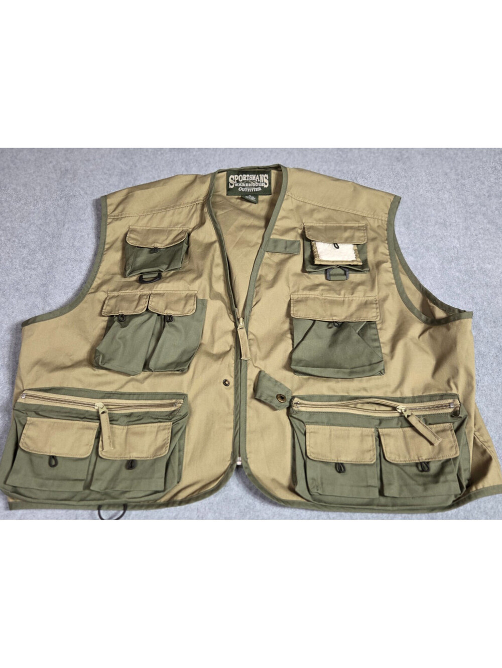 SPORTSMANS WAREHOUSE OUTFITTER Fishing Vest Mens XL Tan Green Utility Zip 23x22